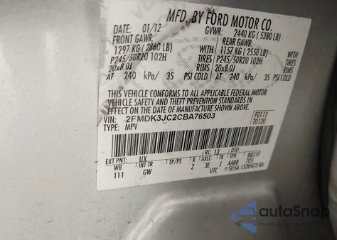 2012 Ford Edge Sel z USA, uszkodzony, nr VIN 2FMDK3JC2CBA76503